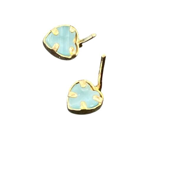 14k Yellow 535 Gold Bezel Set Blue Cats‎ Eye Heart Dainty Small Stud Earrings - Picture 7 of 12